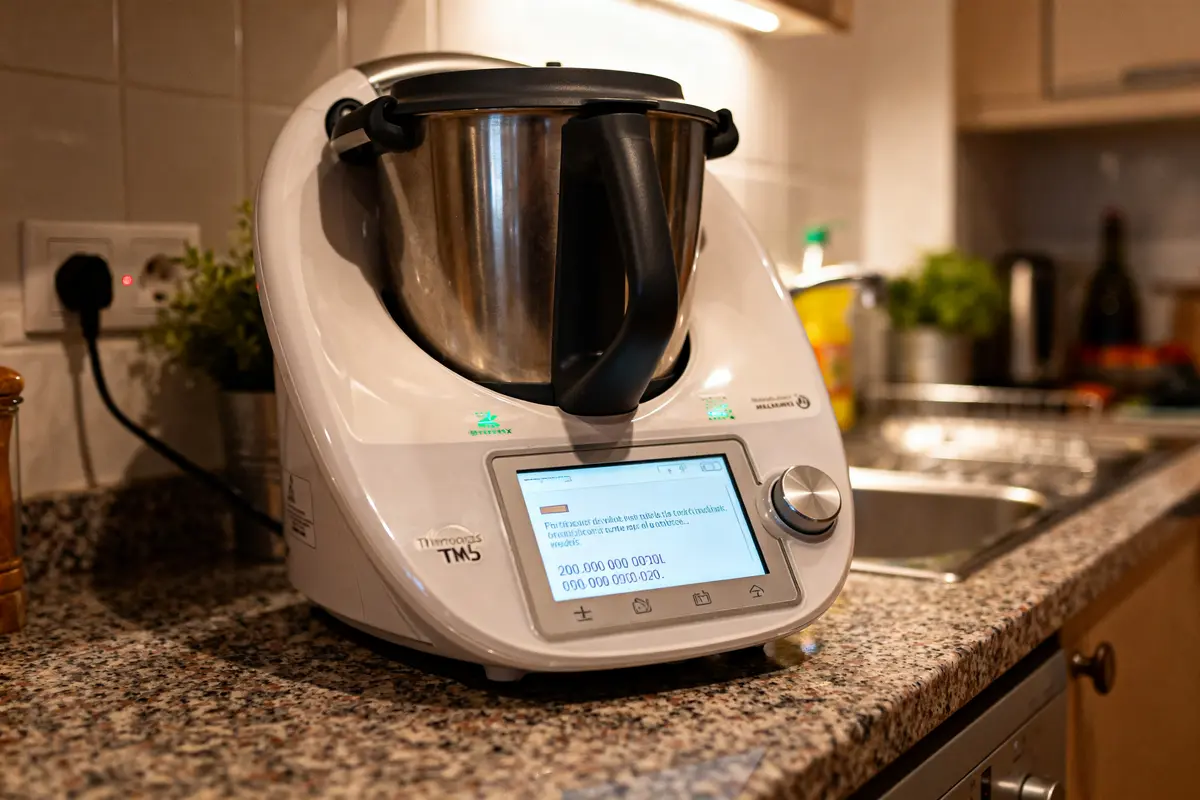 Robot culinaire Thermomix TM5 affichant un problème sur le Thermomix TM7 en cuisine équipée