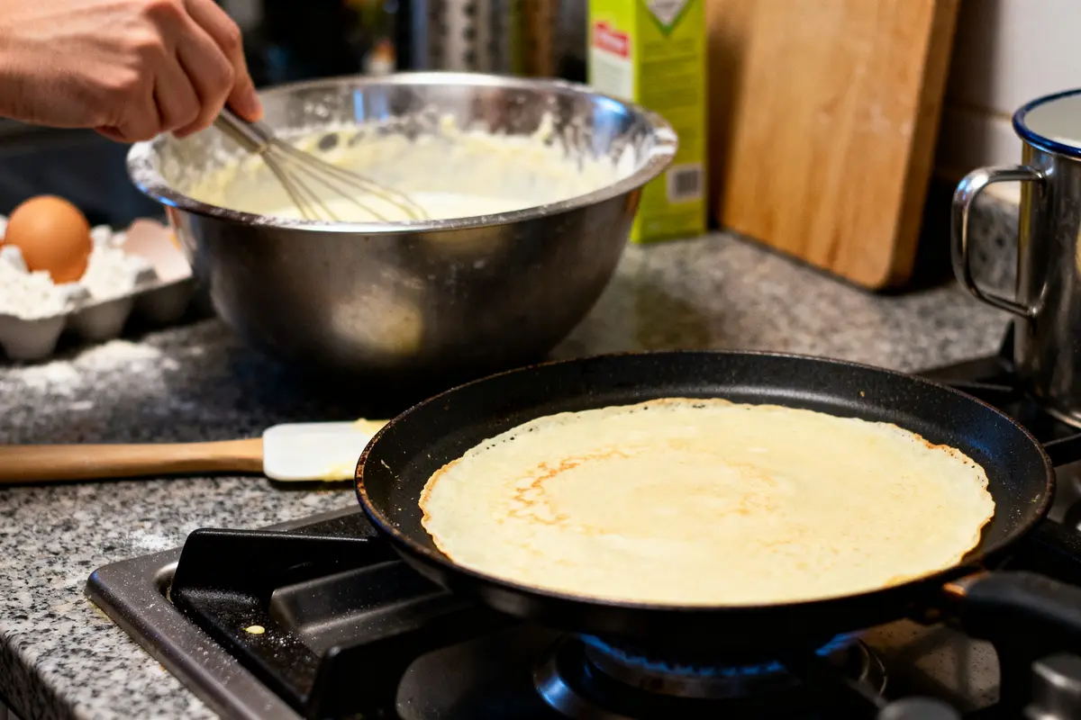 Préparation d'une crêpe dans une poêle illustrant une recette de crêpe sans sucre
