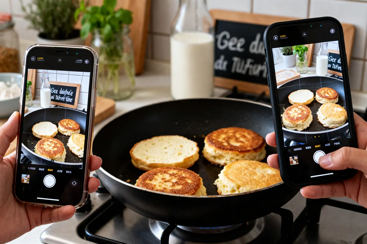 Personnes prenant en photo une recette de muffins anglais cuisant dans une poêle