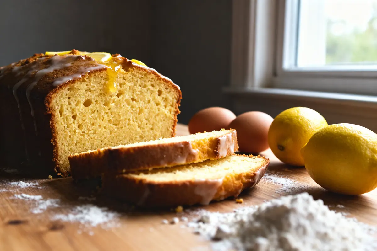 pexels-michal-pech-213601-757318 (1) Cake au citron tranché sur table, ingrédients en fond pour recette du cake au citron
