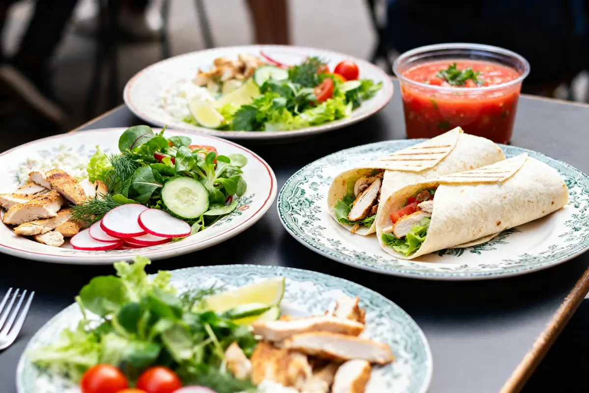 Assiettes de salades et wraps poulet, parfaits pour un repas froid en été