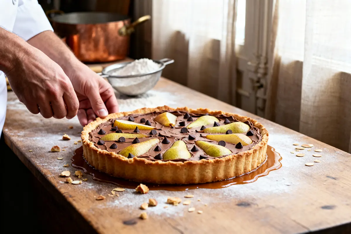 Préparation d'une tarte poire chocolat Cyril Lignac sur une table en bois rustique