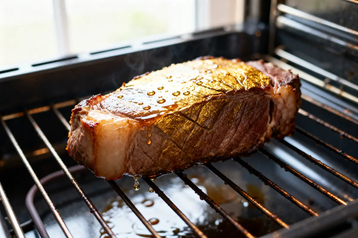 Rôti de boeuf de 1 kg grillant dans four, illustrant temps de cuisson optimal.