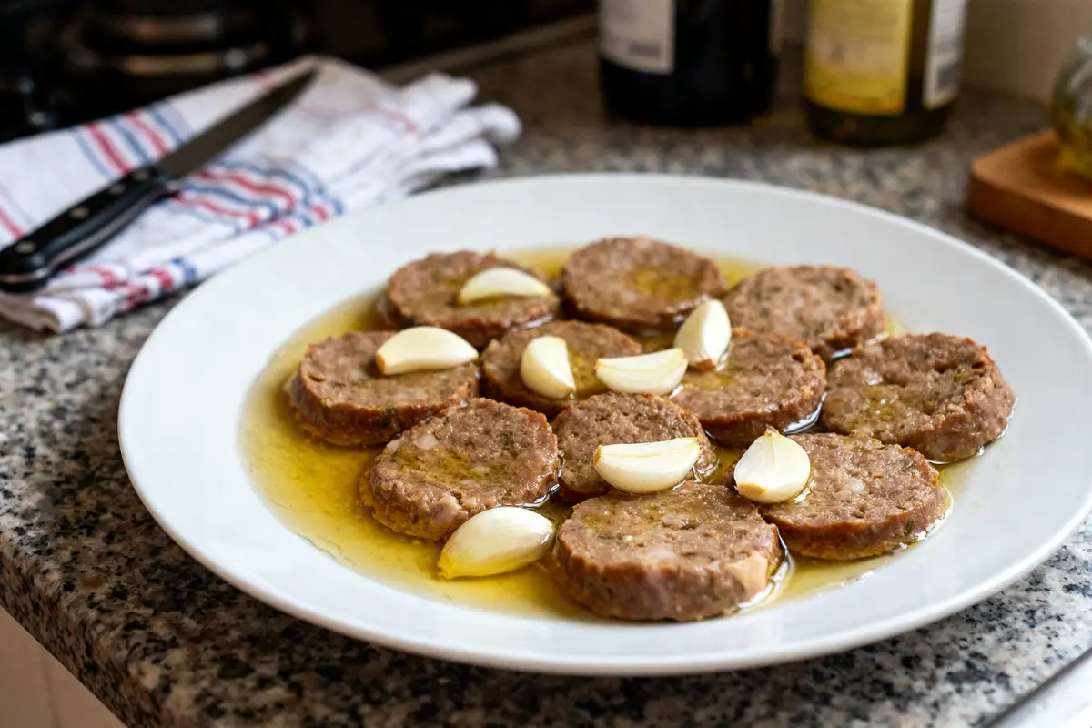 pexels-michal-pech-213601-757318 (1) Tranches de saucisson en sauce avec gousses pour accompagner le tourin à l’ail