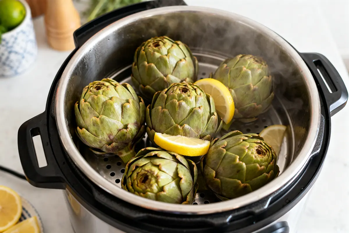 Artichauts et tranches de citron pour cuisson de l’artichaut à la cocotte-minute
