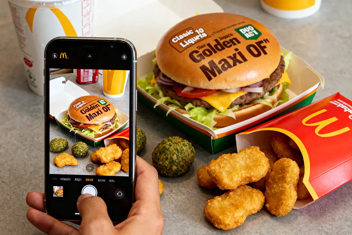 Burger Golden Ligue 1, nuggets, broccoli, et boisson McDonald's photographiés avec un smartphone