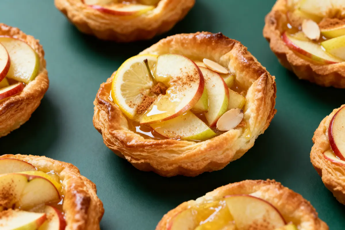 Tartes gourmandes avec des pommes disposées en roses feuilletées sur fond vert