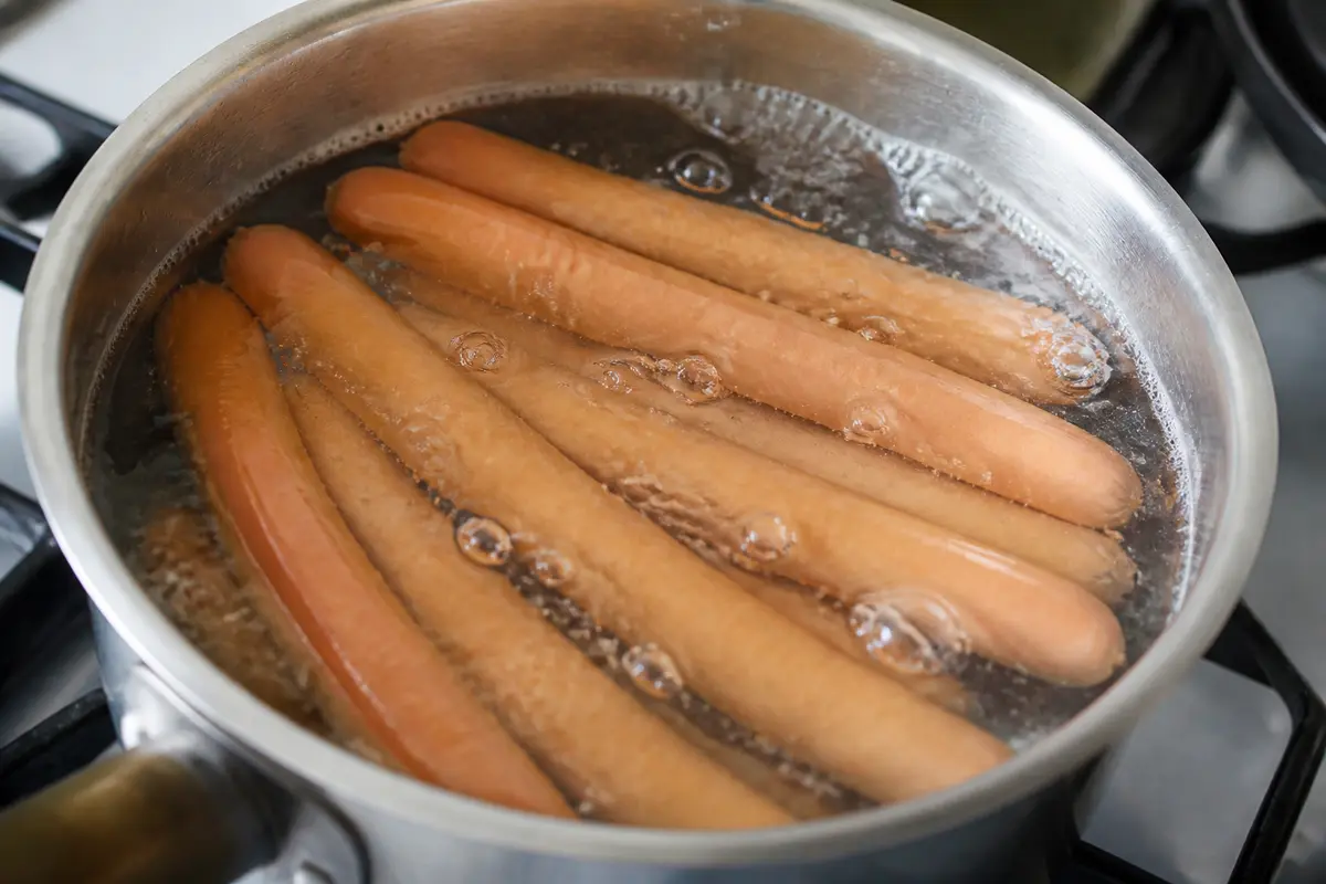 Saucisses de Francfort en cuisson dans une casserole d'eau frémissante sur la cuisinière