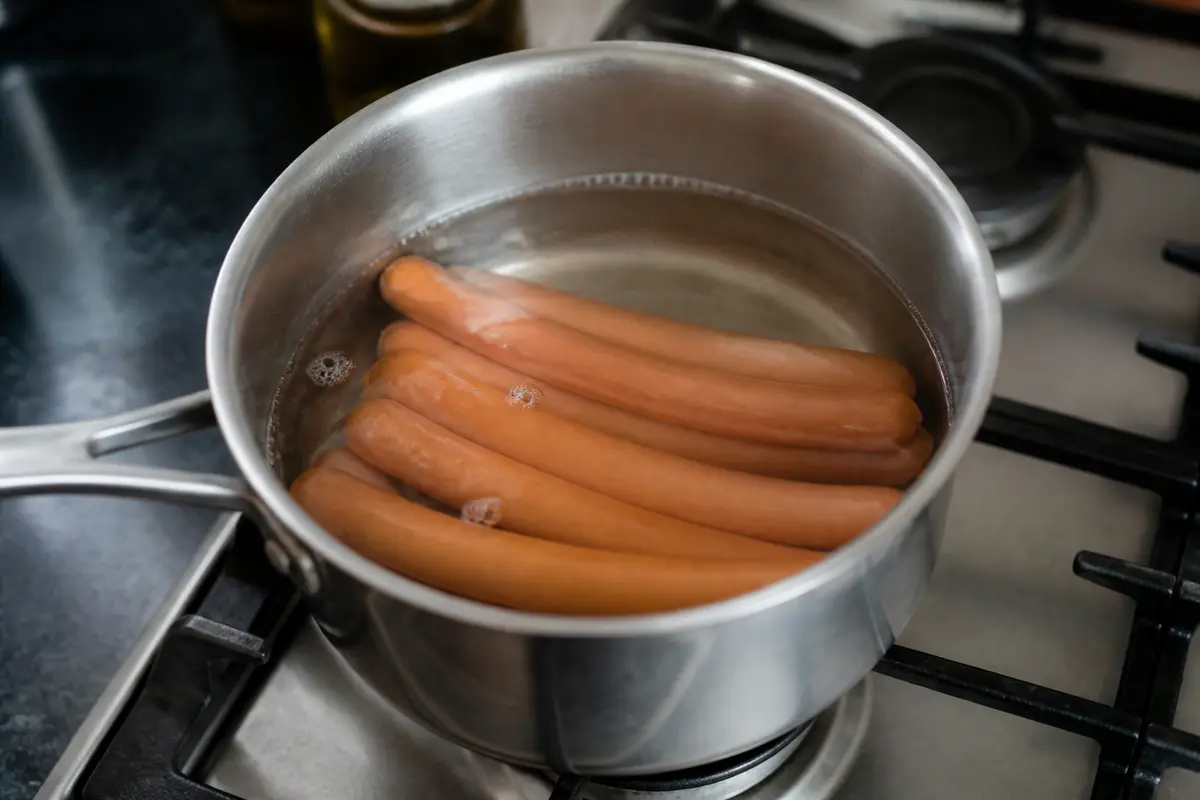 Cuisson de la saucisse de Francfort dans une casserole d'eau bouillante sur la cuisinière