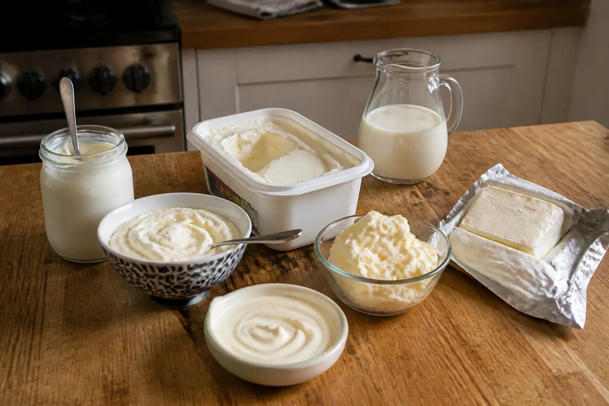 Diverses alternatives pour remplacer la crème liquide sur une table de cuisine en bois
