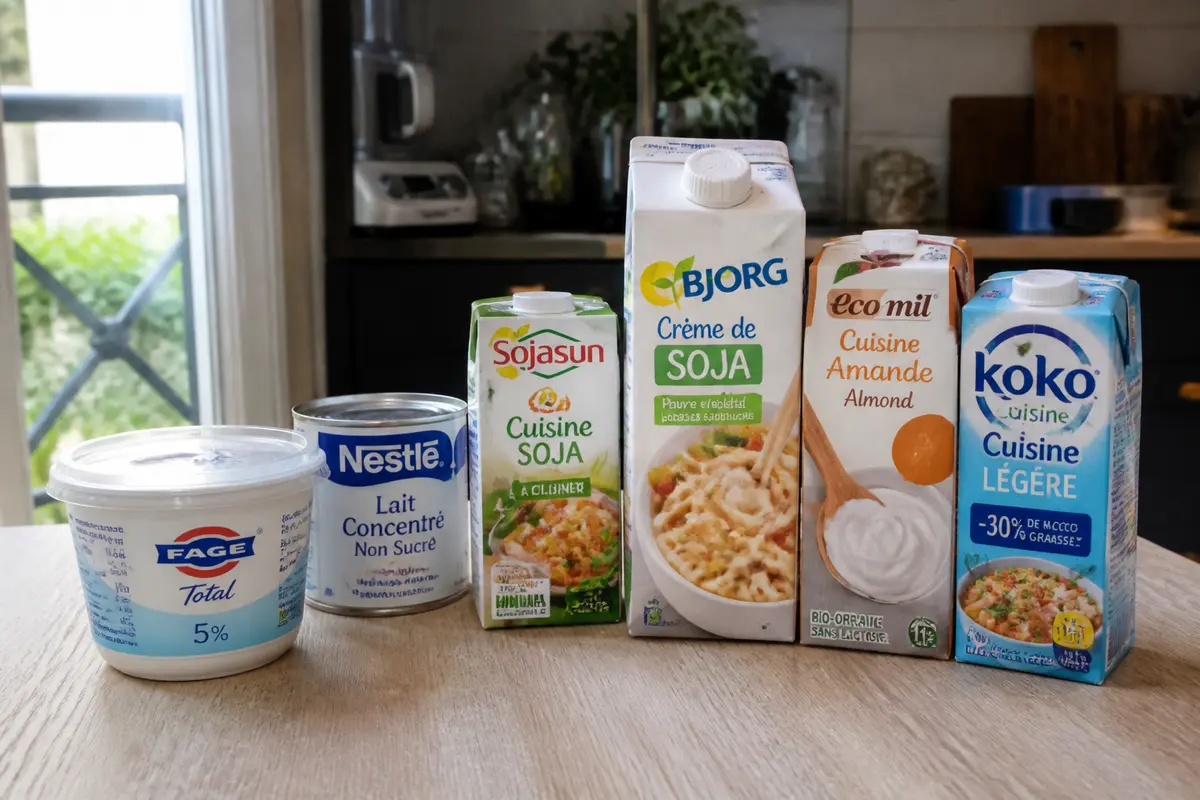 Options végétales par quoi remplacer la crème liquide en cuisine sur table en bois